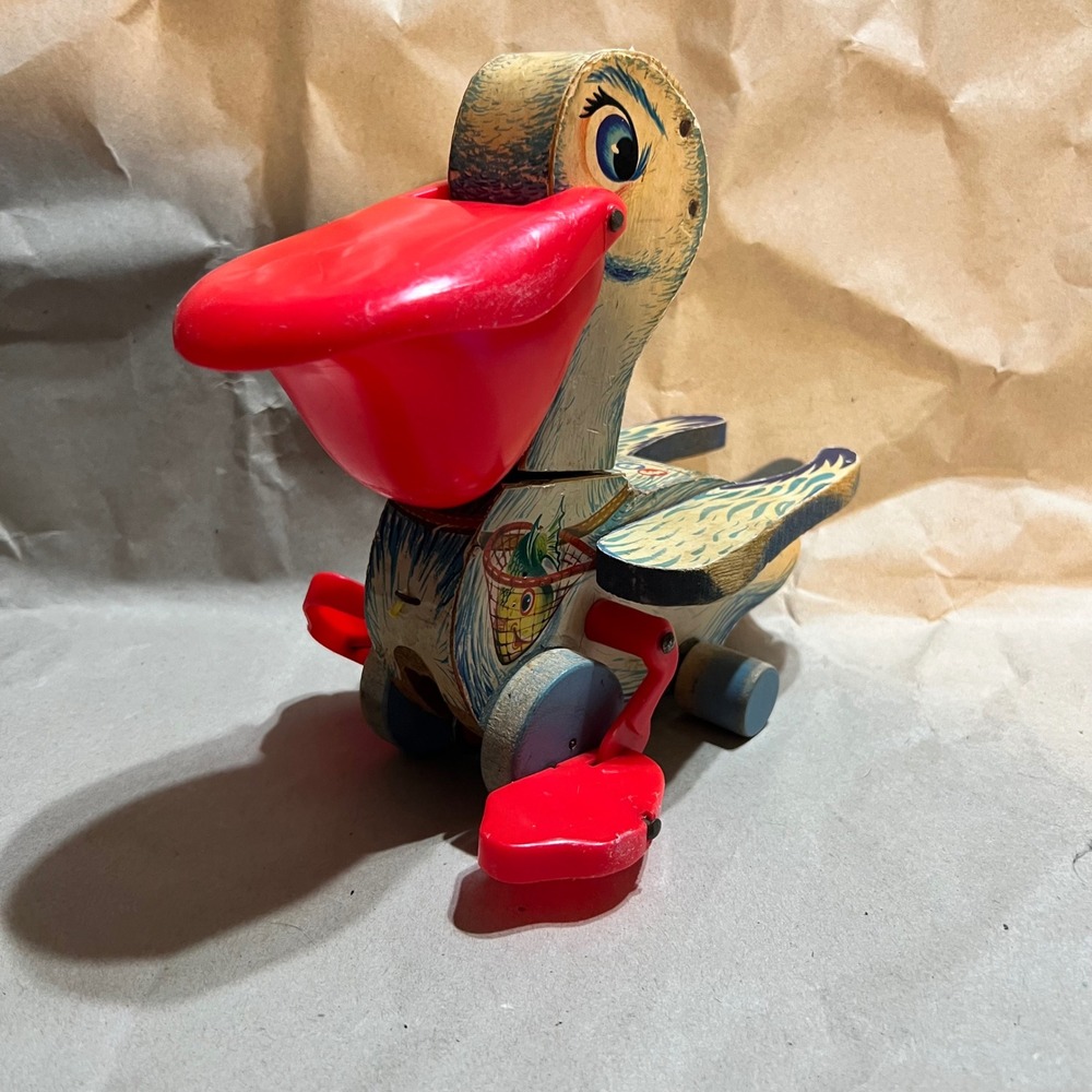 Fisher Price 794 Peter Pelican Pull Toy Blue Red Vintage 1960s Wood Plastic